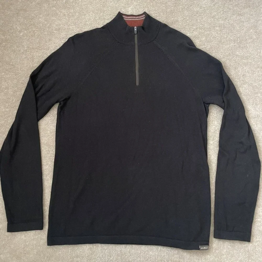 Eddie Bauer Sweater Mens Small Black Quarter Zip Pullover Cotton Cashmere Shirt